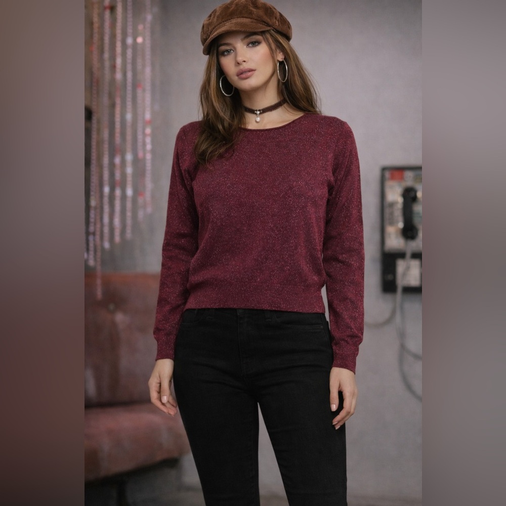 G M Burgundy Metallic Shimmer Sweater One Size Long Sleeve Lightweight Knit